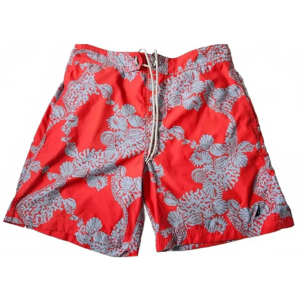 Nautica Men's Floral Tropical Hawaiian Print Swim Trunks Red &‎ Blue Size Medium